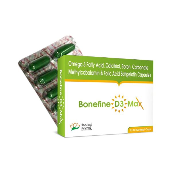 Calcitrol 0.25mcg+Omega 3 Fatty Acid containing Eicosapentaenoic acid 180mg+ Docasahexaenoic 120mg+Methylcobalamin 1500mcg+Folic Acid 400mcg+Boron 1.5mg+Calcium Carbonate 500mg (Bonefine D3 Max Softgel) – 10 Tablets